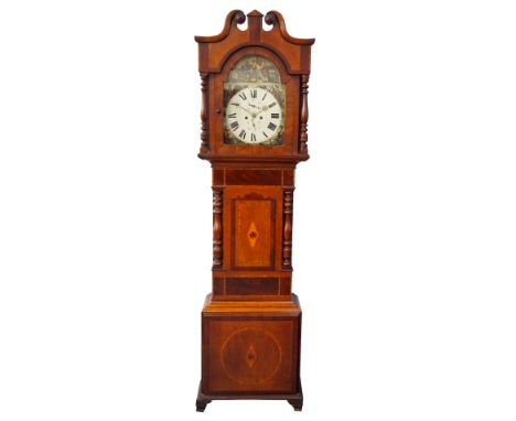 GEORGE IV SCOTTISH OAK LONGCASE CLOCK
with marquetry and mahogany veneer detail, the hood with swan-neck pediment above the a