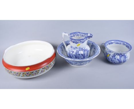 A Masons Ironstone blue and white decorated toilet set and an Art Deco style basin