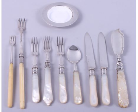 An Asprey silver dish with a Spode liner, together with pickle forks, a silver mother-of-pearl butter knife and other mother-