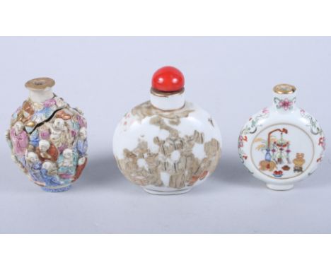 A Chinese porcelain moon-shaped snuff bottle, decorated precious objects, seal mark to base, another decorated figures and a 