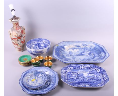 Six Gustavsberg Kage tea bowls and saucers with green and gilt decoration, a Copeland Spode blue and white bowl, two similar 