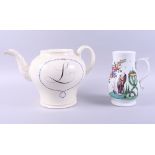A creamware teapot (no cover), 8" high, and a Pennington's Liverpool coffee pot (now a tankard) with