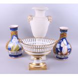 A pair of Deruta style vases with figure decoration (one chipped), 13 1/2" high, a Continental
