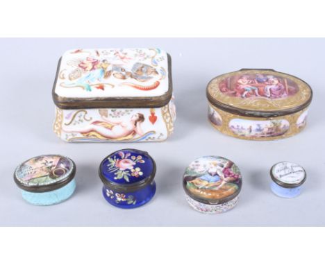 Two 19th century Staffordshire enamel patch boxes and four other enamelled boxes