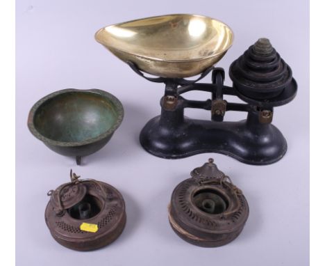 An anodised copper bowl, a set of scales and two lamps