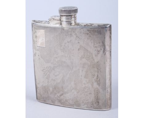 A silver hip flask with engine turned decoration, 4.9oz troy approx