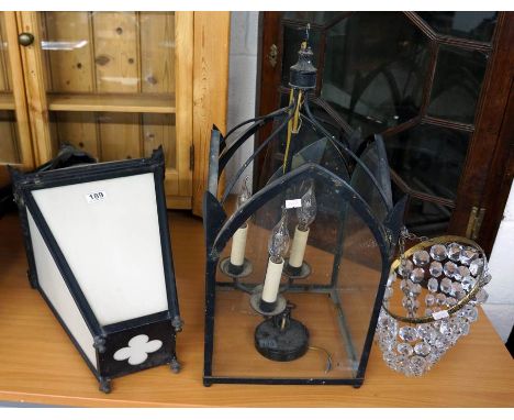 Small glass chandelier and 2 exterior light fittings, 1 A/F