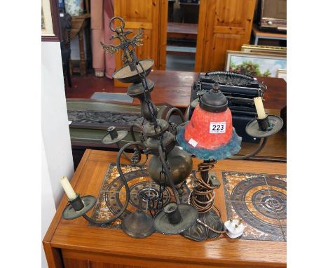 Old Russian brass chandelier, and tiffany style table lamp