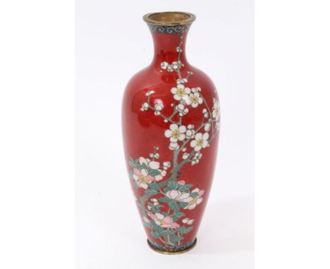 Late 19th Century Japanese cloisonné oviform vase decorated with polychrome blossoming tree on red ground - signed on base 18