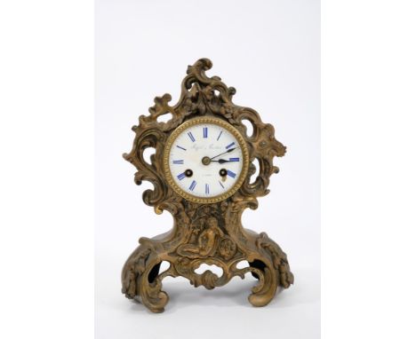 Mid-19th Century French gilt metal cased mantel clock with white enamel dial signed Stiffel &amp; Cartier A Paris, chiming si