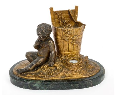 Louis Kley (1833-1911) - 19th century and ormolu inkwell in the form of a boy eating grapes by a grape gatherers barrel on gr