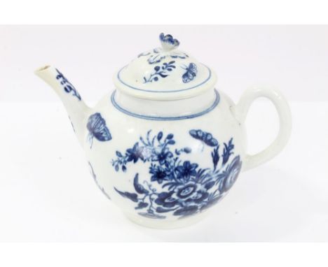 Small 18th century Worcester blue and white teapot and cover with printed floral and insect decoration, 14cm CONDITION REPORT