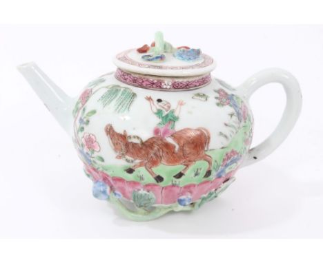 Mid-18th century Chinese export famille rose teapot and cover polychrome painted with boy on buffalo in landscape, with appli