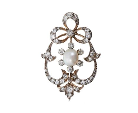 Edwardian pearl and diamond pendant, the openwork foliate scrolls with ribbon surmount and central button pearl (not tested f
