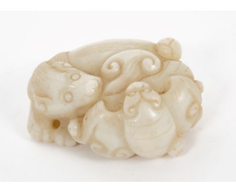 Chinese pale jade carving in the form of a mythical beast, breathing fire, accompanied by a bat and ladybird, probably 18th /