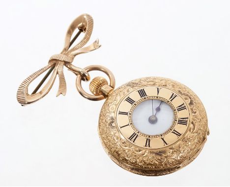 Victorian gold (18k) ladies' keyless half hunter fob watch with floral engraved case and bow brooch suspender CONDITION REPOR