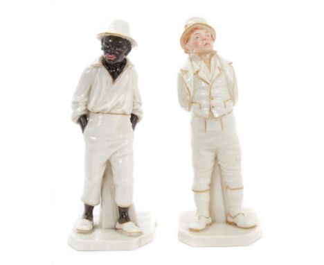 Two Victorian Royal Worcester porcelain figures, modelled by James Hadley, each with gilt edging and enamel tinted faces and 