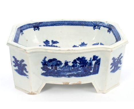 Rare early 19th century blue and white dog bowl of shaped basin form, with canted corners and bracket feet, printed with Chin