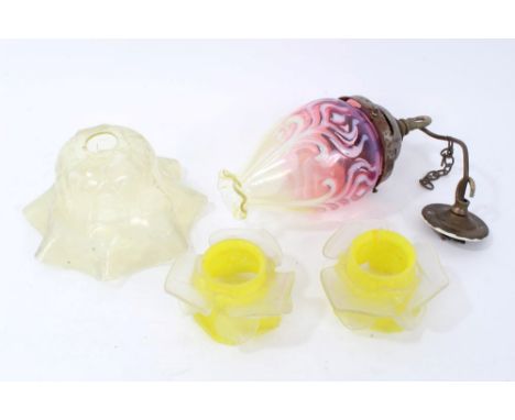 Art Nouveau ruby and vaseline glass light shade with ceiling drop mount. The shade 15cm high and three other tinted shades (4