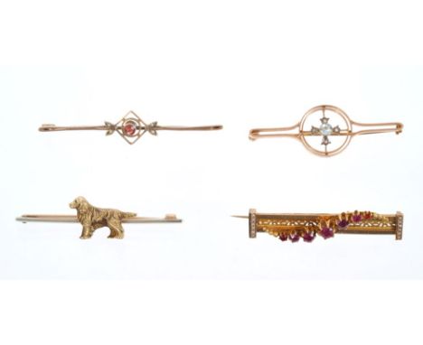 Gold novelty bar brooch with relief cast gold dog, stamped 9ct, together with a Victorian ruby and seed pearl bar brooch and 