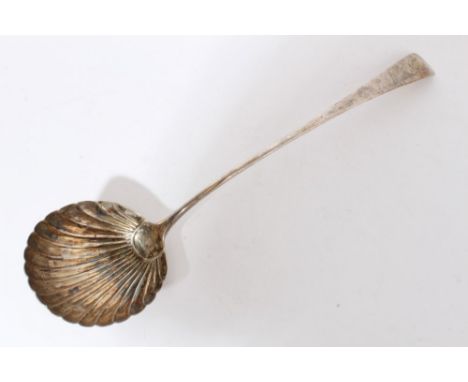 George III silver Old English pattern soup ladle with shell bowl and engraved armorial crest (London 1782), George Smith III.
