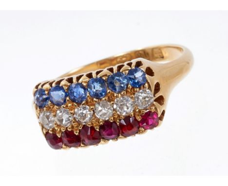 Victorian 18ct gold diamond, sapphire and ruby triple row ring with eighteen old cut and mixed cut stones in claw setting on 