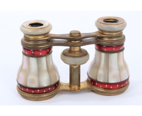 Pair late 19th Century opera glasses with Mother of Pearl and red and gilt enamel decoration in leather case CONDITION REPORT