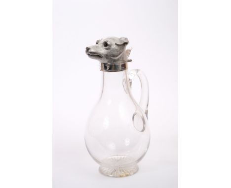 20th century claret jug with late Victorian silver mount in the form of a dog's head with collar, with clear glass baluster-s