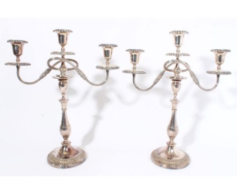 Pair of 19th century two-branch candelabra with three sconces with gadrooned borders and reeded acanthus stems, mounted in a 