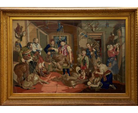 Large and fine Victorian tapestry panel - A Scottish Game Larder with the days kills, figures and dogs, in glazed gilt frame,