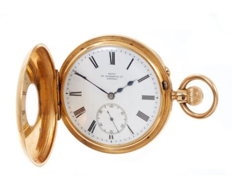 Victorian gold (18ct) half hunter keyless pocket watch by Dent, 33 Cockspur St, London with white enamel dial, 5cm CONDITION 