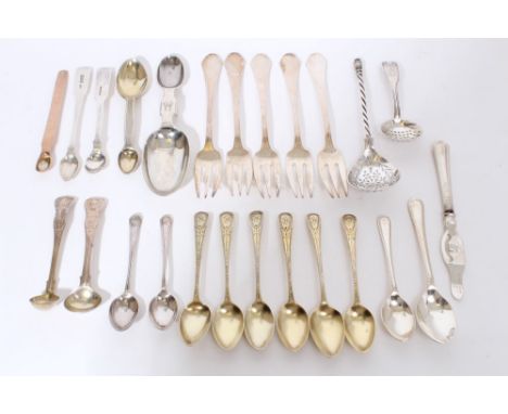 Selection of miscellaneous Georgian and later silver flatware - including six silver gilt teaspoons with bright cut decoratio