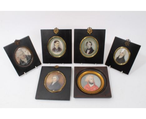 English School, circa 1825: Monochrome portrait miniature on ivory of a Gentleman, oval, 6 x 5cm, together with five various 