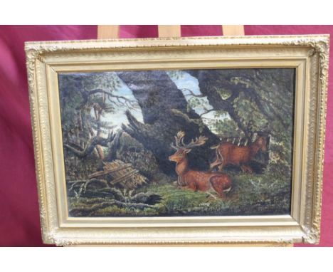 Edward L. Mitford, Victorian English school oil on canvas - Fallow Deer in Woodland, initialled and dated '76, in gilt frame,