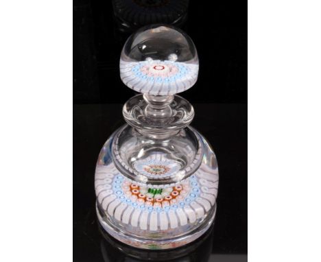 Late Victorian Stourbridge glass paperweight inkwell with millefiori pink, white and blue canes to stopper and base, 18cm hig