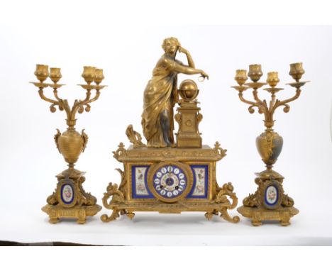 Impressive mid-19th Century French gilt metal and porcelain clock garniture comprising mantel clock mounted with classical fe