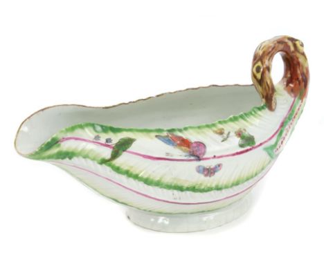 Mid-18th century Worcester moulded leaf-shaped sauce boat with stalk handle, polychrome painted insect and floral decoration,
