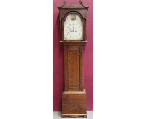 George III longcase clock with eight day movement, 13" painted breakarch dial with subsidiary seconds dial and ringed winding