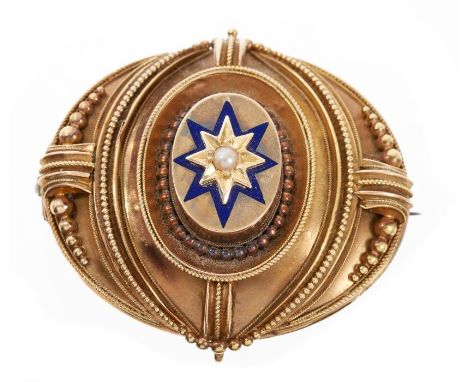 Victorian gold oval target brooch with a blue enamel and seed pearl star design, beaded gold decoration and locket back. 46cm