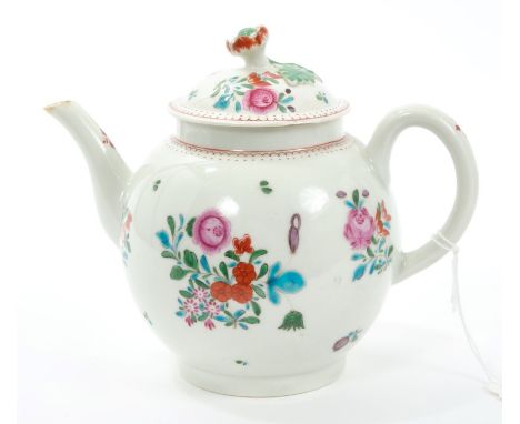 Mid-18th century Worcester teapot and cover with polychrome floral knop and floral spray decoration, circa 1770, 18cm CONDITI