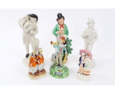 Late 18th century Walton pottery figure of a trumpeter and other Staffordshire pottery including two double-sided Water and G