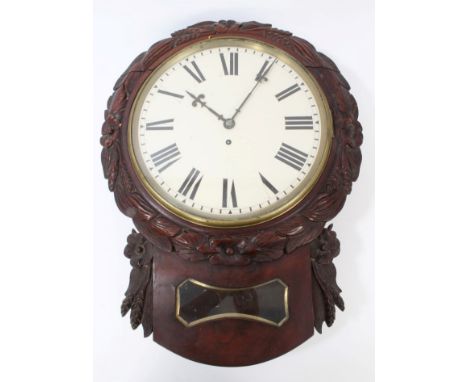 Early Victorian drop-dial wall clock with single fusee movement, 11 inch white painted dial in floral carved mahogany case wi