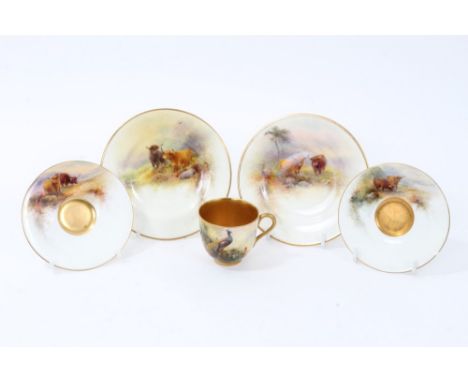 Pair of Royal Worcester Stinton decorated tea plates with finely painted Highland cattle in landscapes, signed - date mark fo