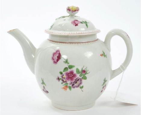 Mid-18th century Worcester polychrome teapot and cover with floral knop and floral spray and sprig decoration, 20cm CONDITION