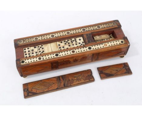 Early 19th century Napoleonic prisoner of war straw-work and carved bone cribbage board / games compendium of oblong form on 