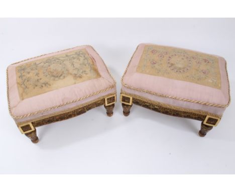 Unusual pair of 19th Century carved giltwood footstools each with tapestry top raised on shaped frieze and fluted legs