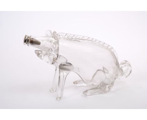 Novelty clear glass decanter in the form of a seated pig, with silver mounted stopper, engraved with initial - B (Birmingham 