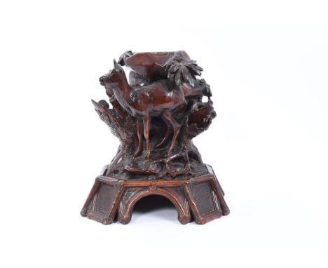 Good 19th century Black Forest carved lindenwood table centrepiece with gnarled tree trunk forming receptacle and a deer besi