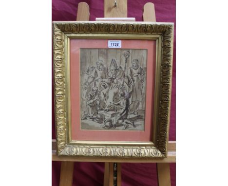 Eighteenth century French Old Master-style pen, ink and wash drawing - a Bishop and attendants, in glazed gilt frame, 24cm x 