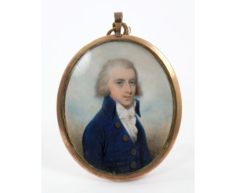 Thomas Hazlehurst (circa 1740-1821): Watercolour portrait miniature on ivory of a Gentleman wearing blue coat and white necke